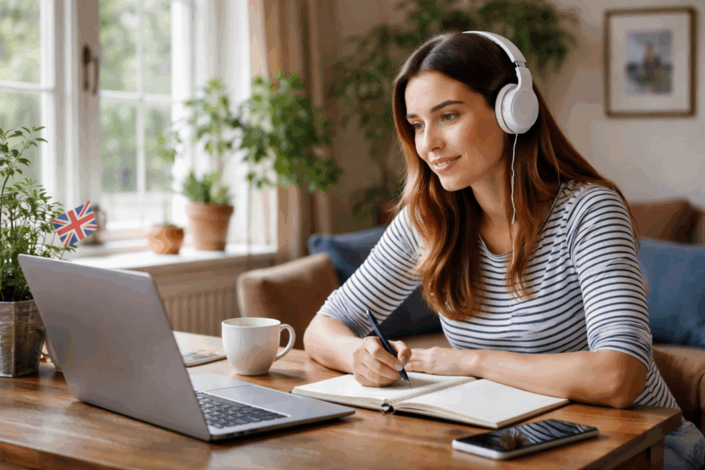 Woman learning British English in a modern, premium British living room with headphones, laptop and a cup of tea.