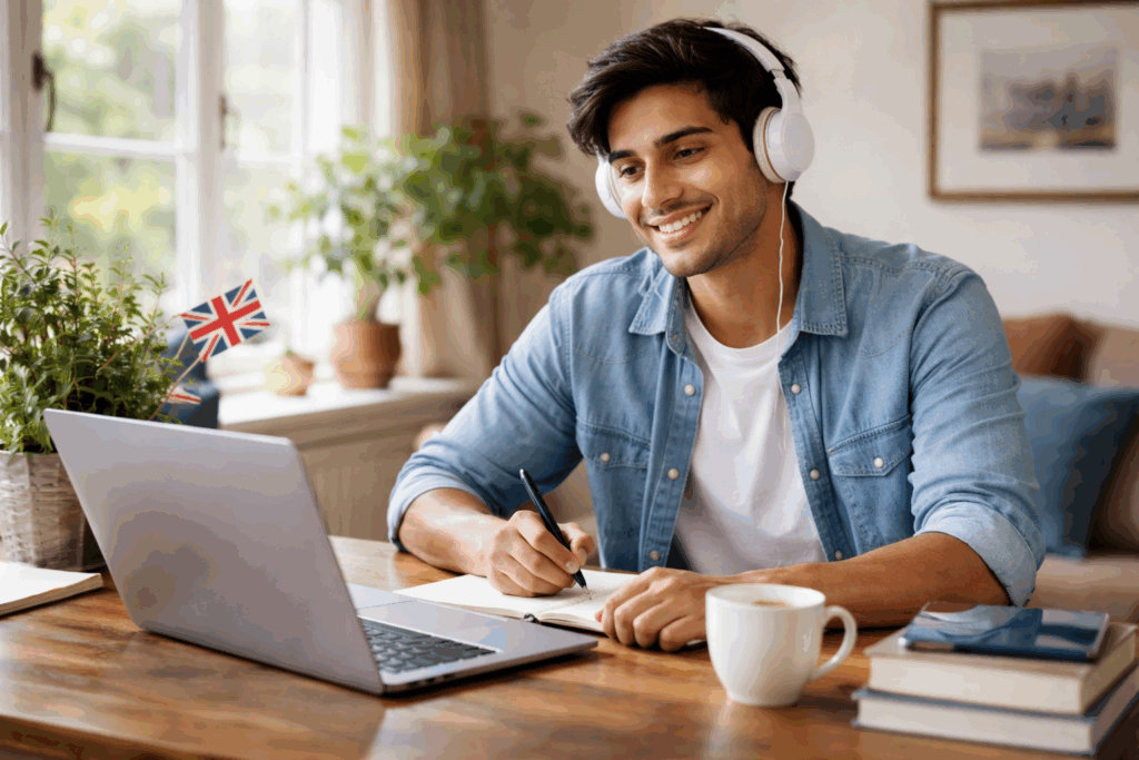 Man learning British English in a modern, premium British living room with headphones, laptop and a cup of tea.