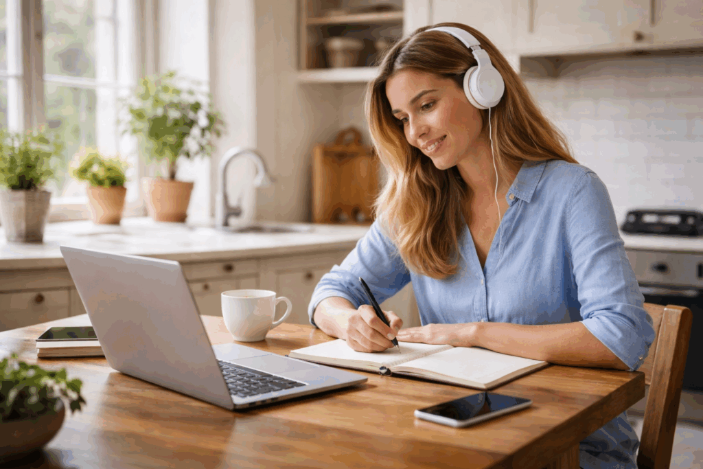 Woman learning British English in a modern, premium British kitchen with headphones, laptop and a cup of tea.