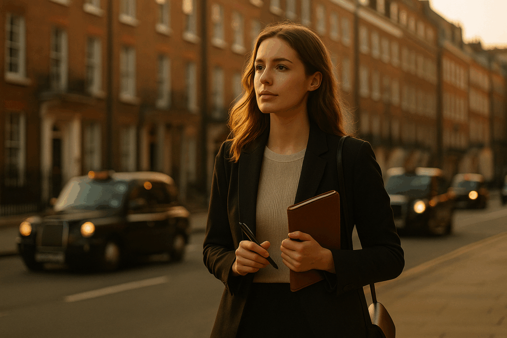 a young professional business woman on a London high street, with pen and notebook in hand