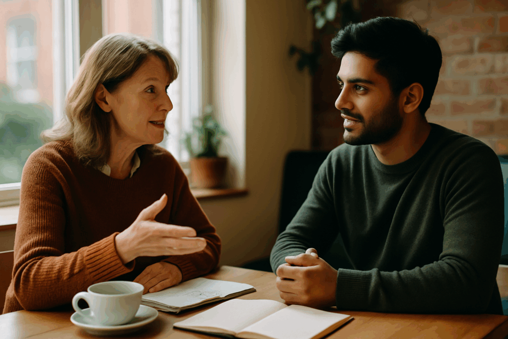 A British tor teaching a student in a cafe