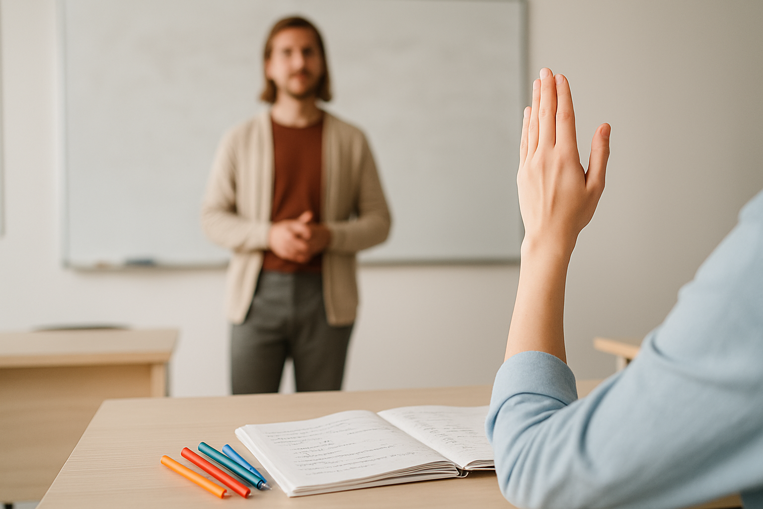 A British classroom interior, a tutor taking a question from a student