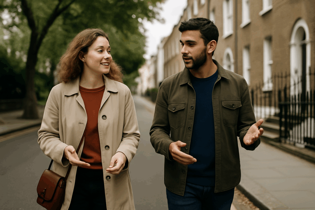 A natural conversation between two friends walking down a London street