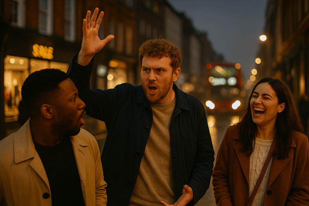 three friends sharing a joke on a busy London high street.