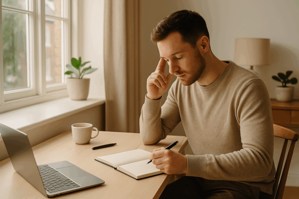 A man at a desk studying British English with pen and note book and laptop
