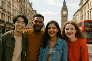 A diverse group of friends smiling at the camera with Big Ben in the distance