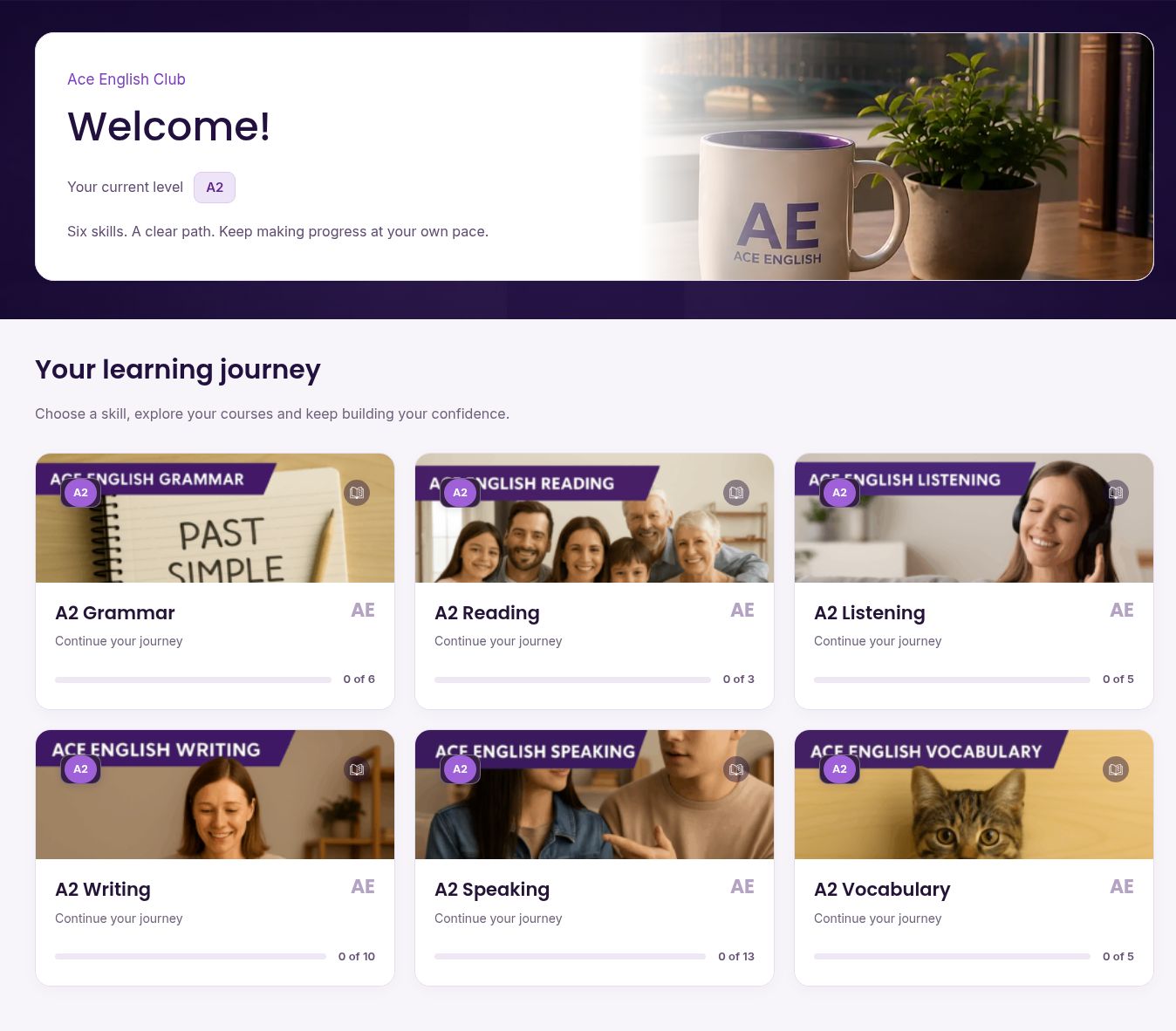 Ace English Club dashboard with six learning skills