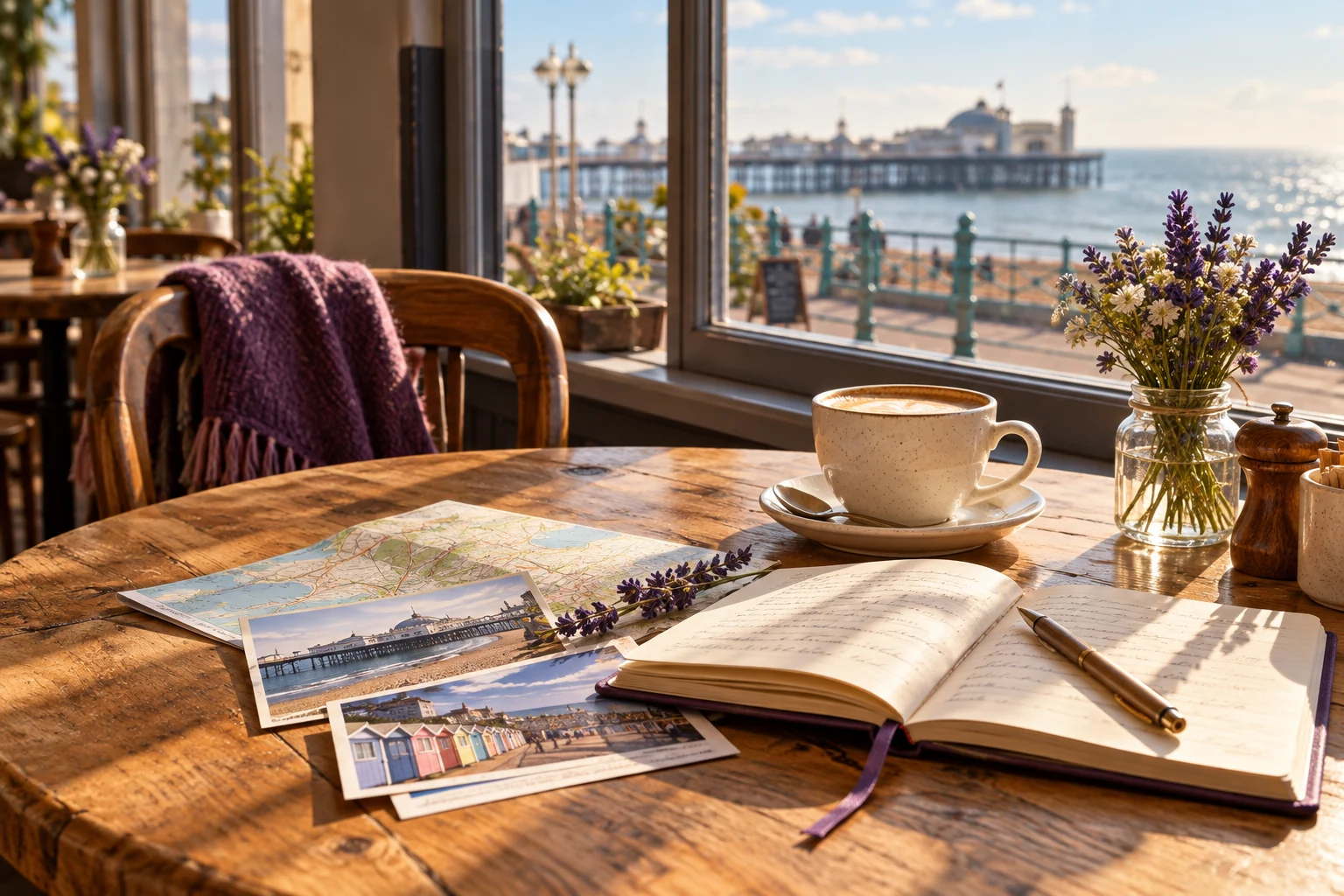 An open notebook, a travel map and a cup of coffee at a café beside the Brighton seafront.