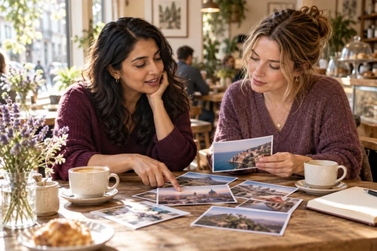 Two friends share travel photos during a conversation in a warm café.