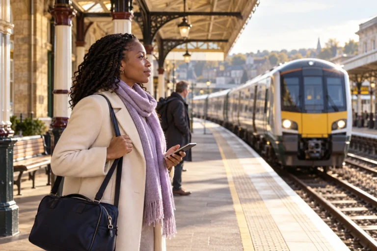 A traveller waits on a British railway platform as a train arrives.