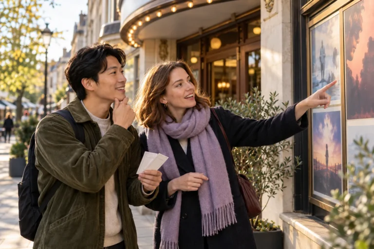 Two friends discuss which film to watch outside an independent cinema.