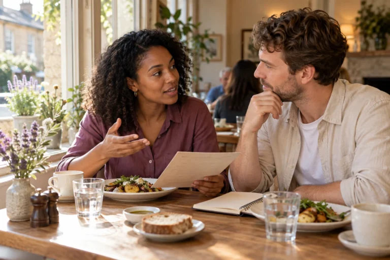 Two friends discuss their meal in a welcoming restaurant.
