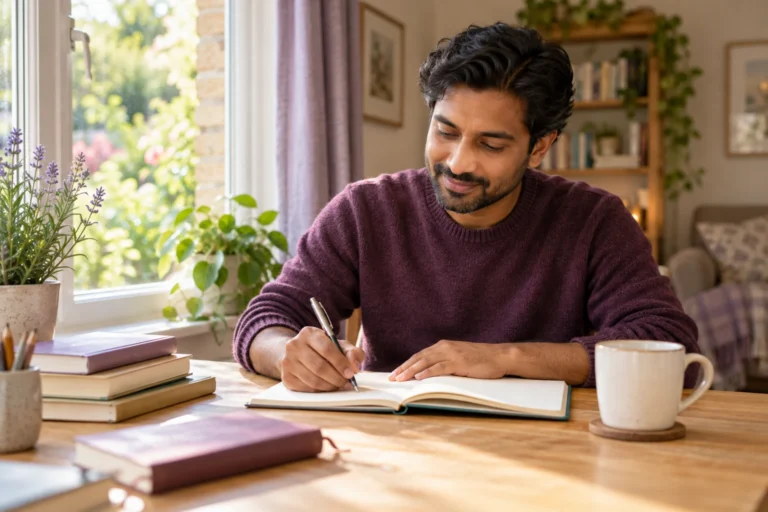 A learner writes about personal goals at a sunlit desk at home.