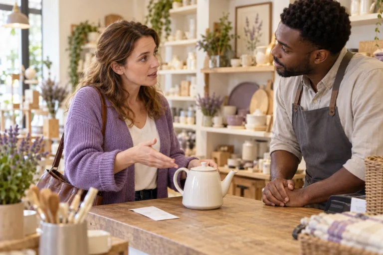 A customer and staff member calmly discuss a problem with a kettle at a counter.