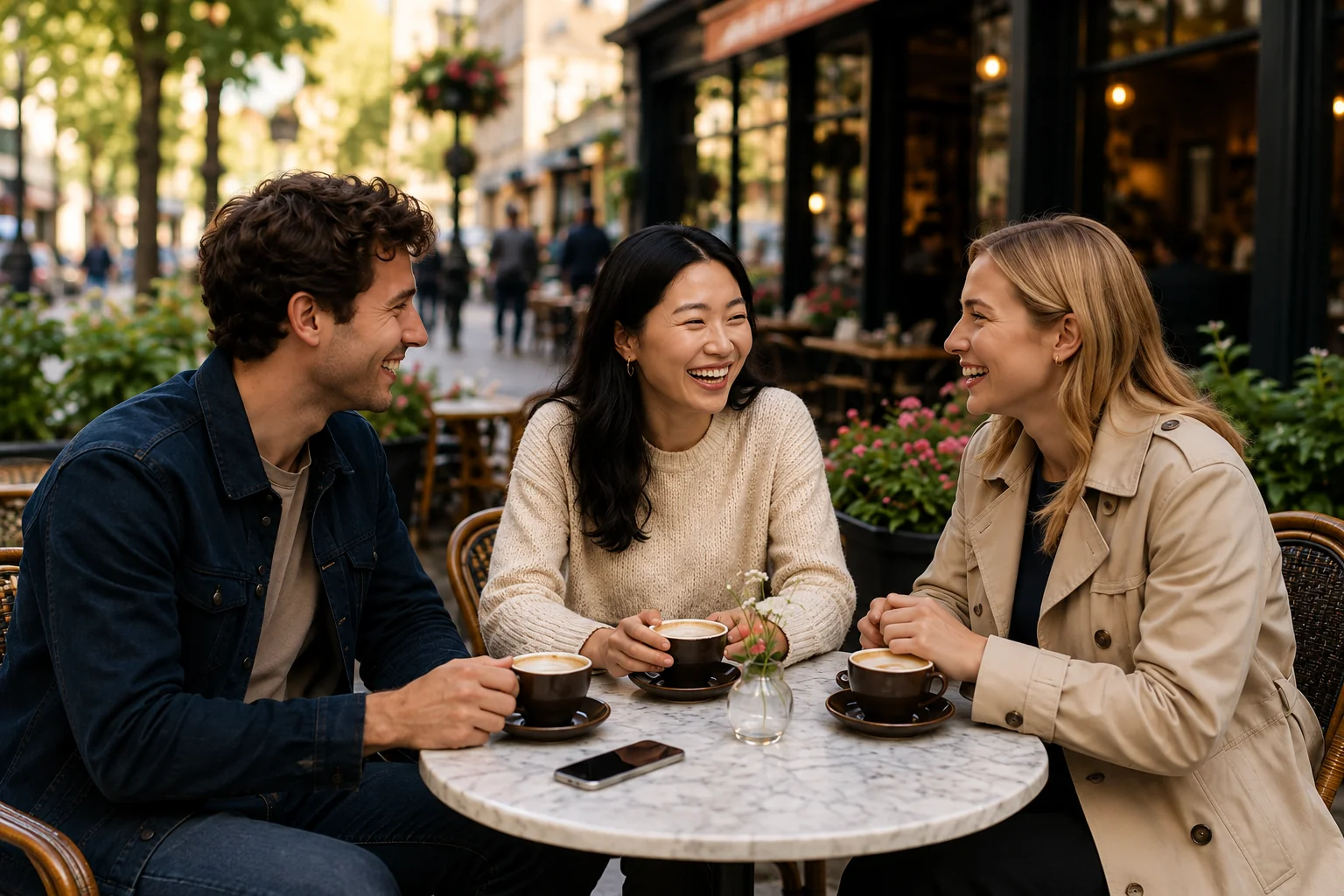 Friends chatting together at a British café