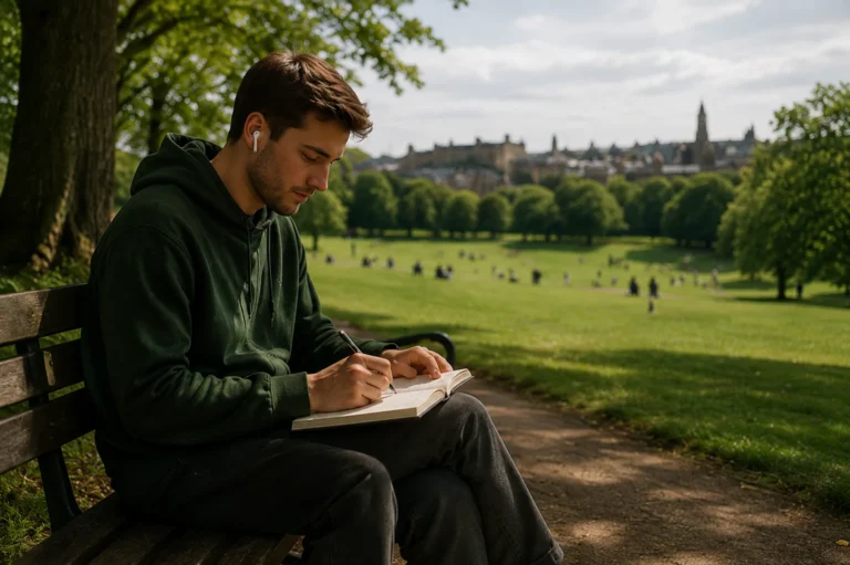 A learner writes in a notebook in a British park