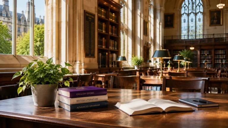 Purple books and an open notebook in a sunlit British library