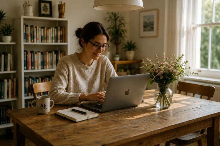 A learner writes notes beside a laptop in a bright home study