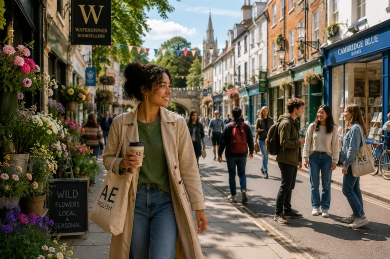 A woman carrying an Ace English cup walks along a British shopping street