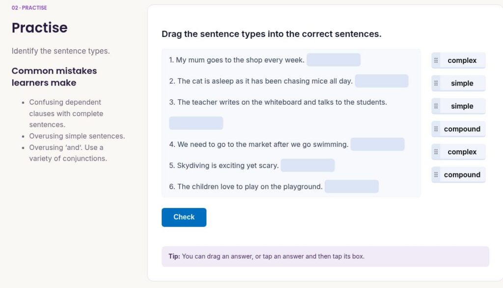 A1 Sentence Structure practice in the Ace English Resource Hub, with sentence-type answer boxes and tap-to-place guidance.