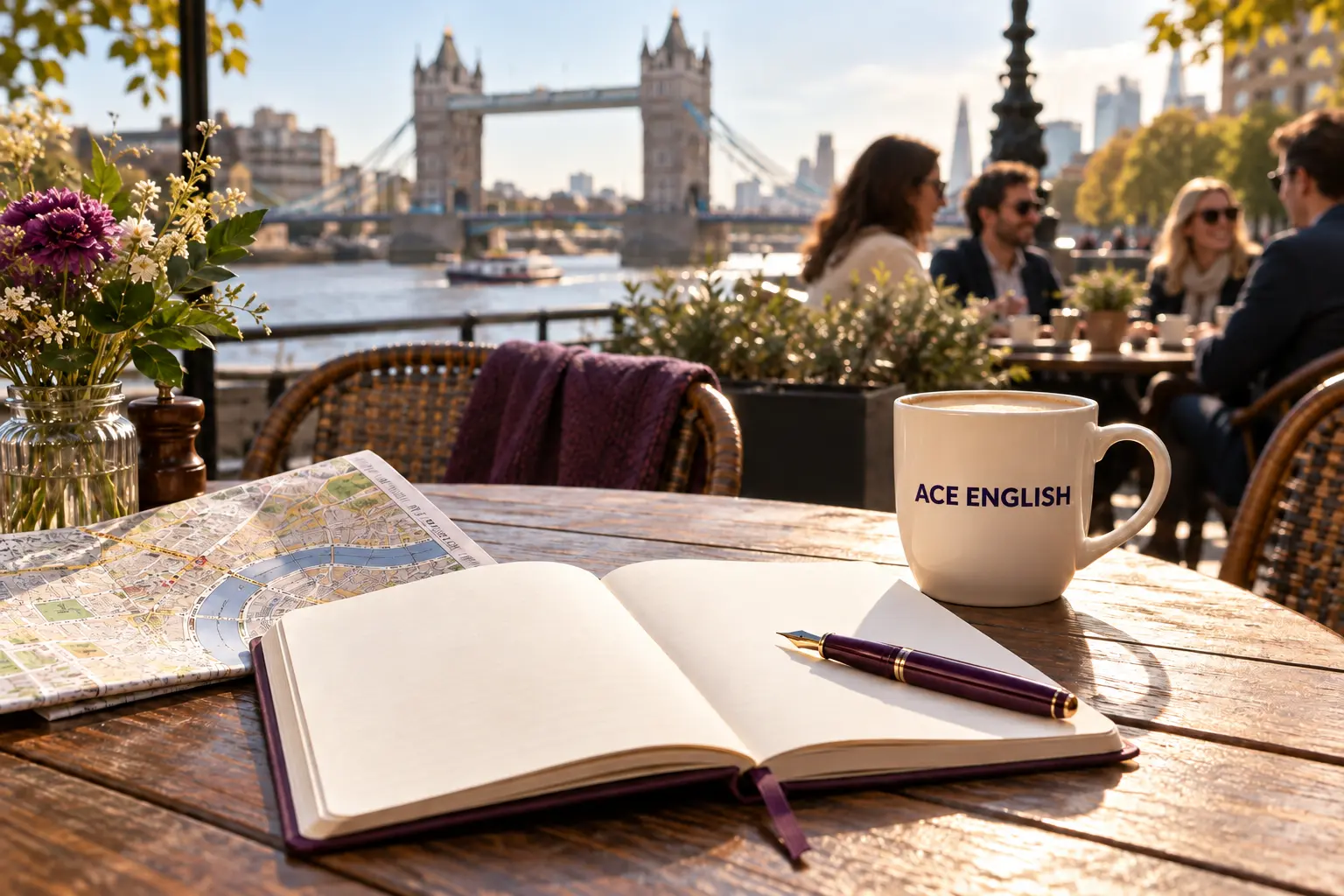 Ace English mug, notebook and map on a riverside table overlooking Tower Bridge in London.