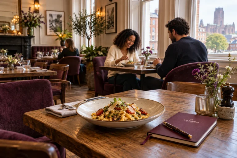 Friends enjoying a meal in a British restaurant
