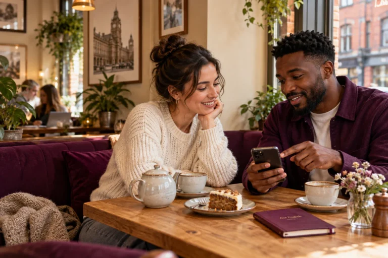 Friends discussing a recommendation in a café