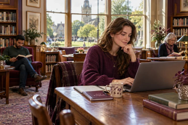 A woman writing an opinion post in a community library