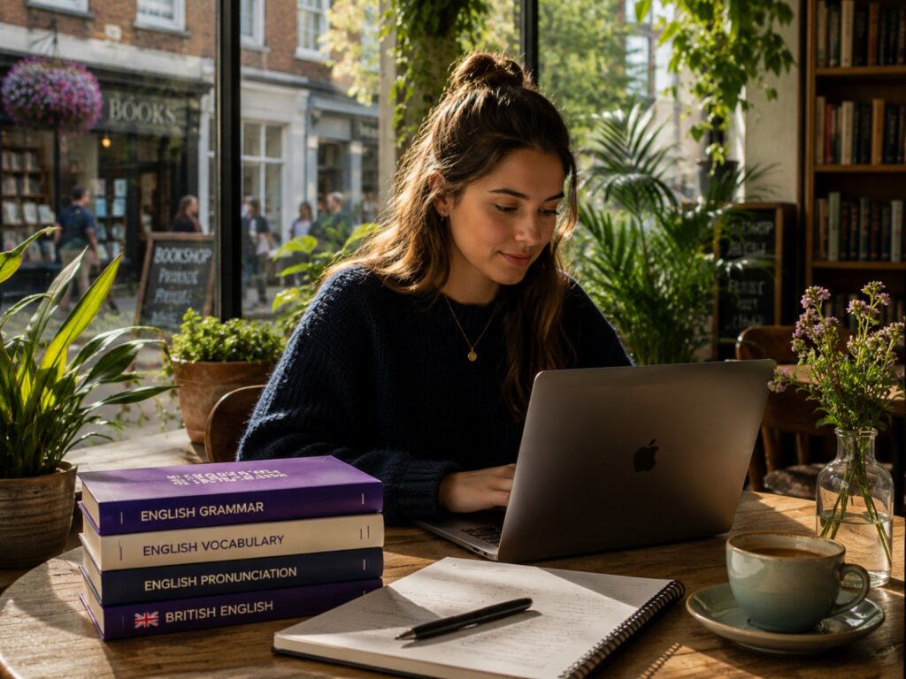 A learner studying English on her laptop in a sunlit British café, with books and a notebook.