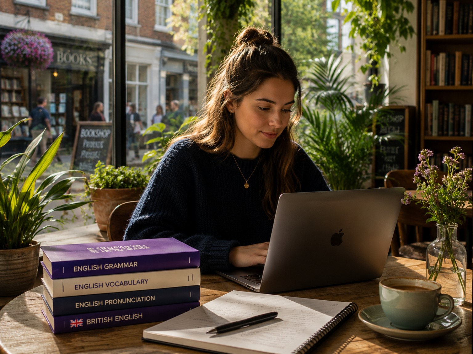 A learner studying English on her laptop in a sunlit British café, with books and a notebook.