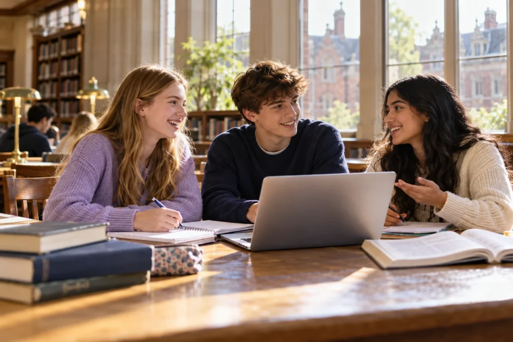 Teenage friends studying English together in a bright British library