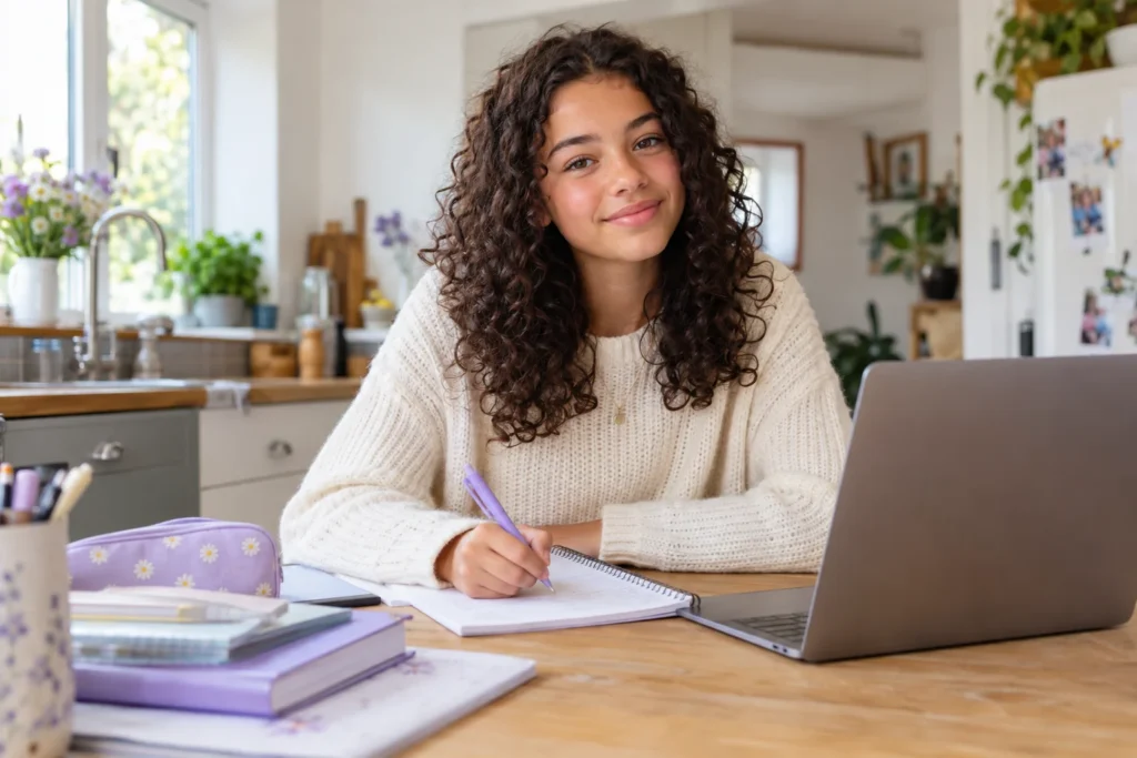 A teenage learner writing notes beside her laptop at home