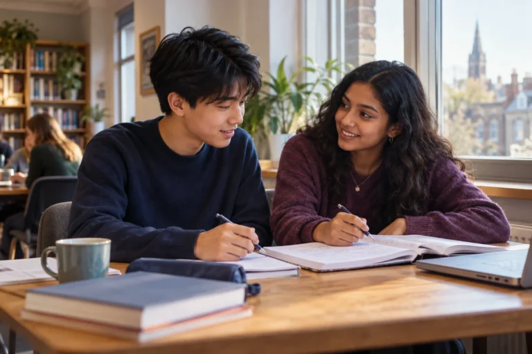 Two teenage learners practising English together with a notebook