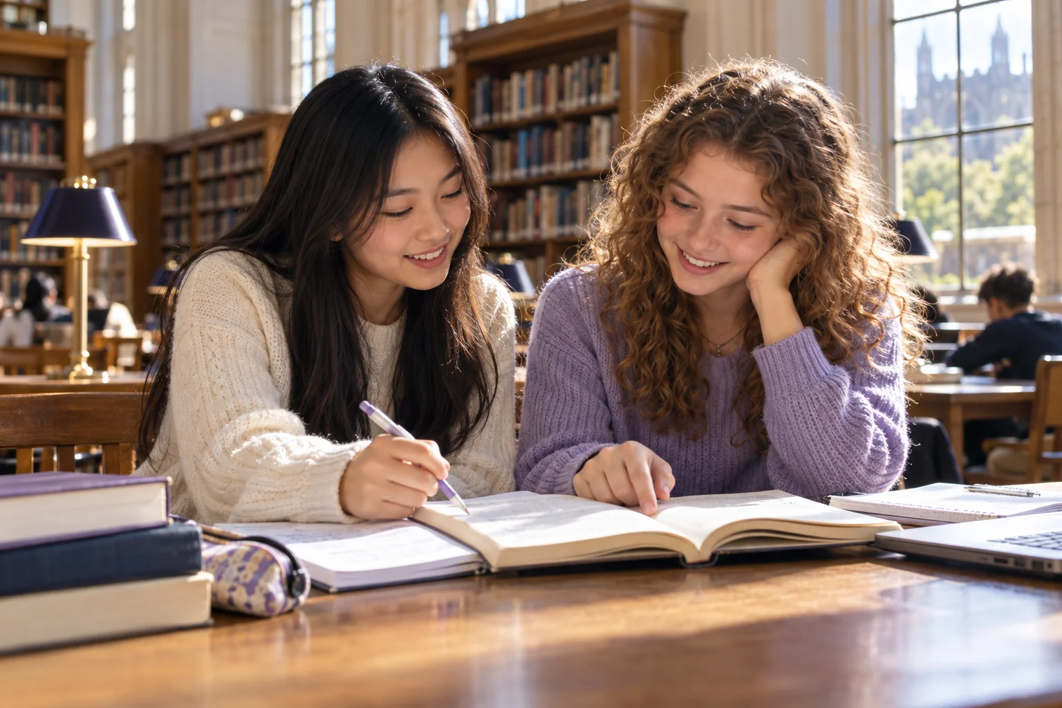 Two teenage learners exploring a book together in a British library