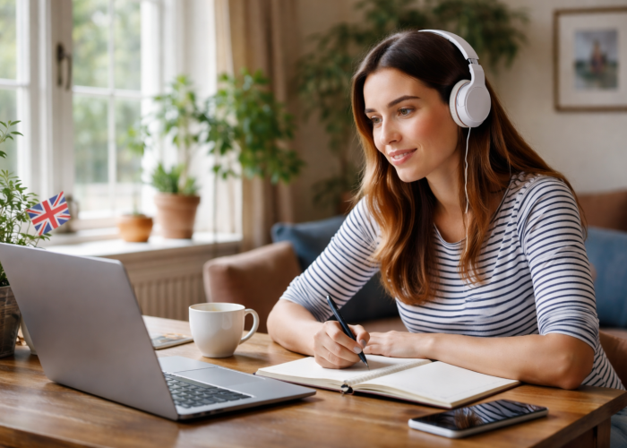 Woman learning British English in a modern, premium British living room with headphones, laptop and a cup of tea.