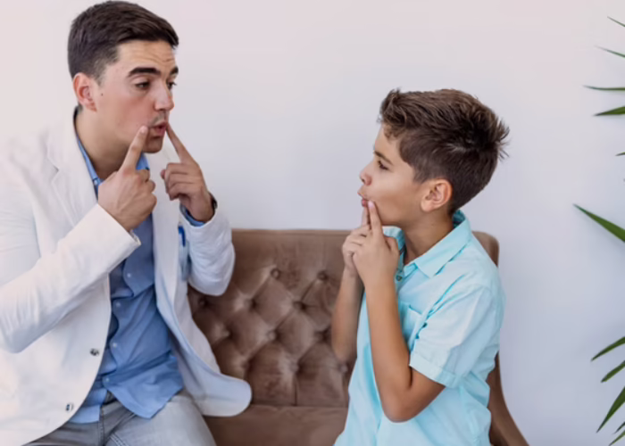 A man showing a boy how to pronounce words