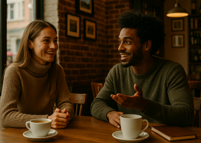 two friends talking in a British cafe