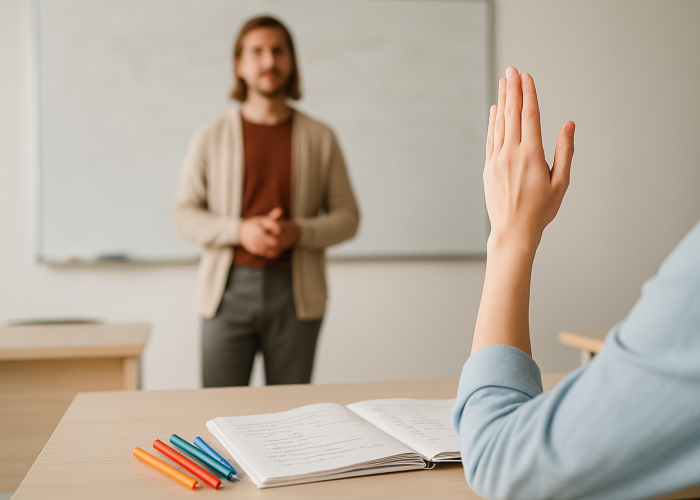 A British classroom interior, a tutor taking a question from a student