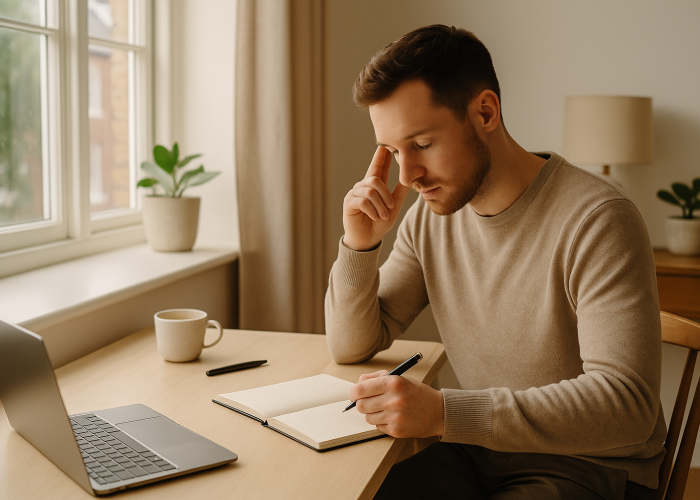 A man at a desk studying British English with pen and note book and laptop