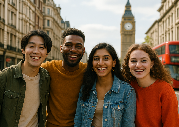 A diverse group of friends smiling at the camera with Big Ben in the distance