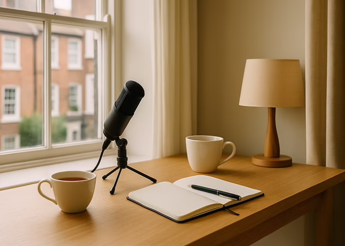 Microphone on a desk beside a notebook, pen, and coffee cups. Warm lighting from a small lamp. Outside window, view of brick houses. Cozy ambiance.