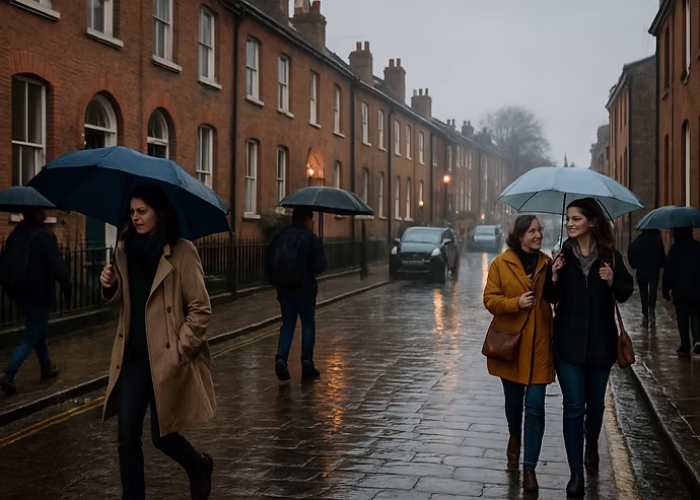 Women with umbrellas walk on a rainy street lined with brick houses. Gray sky, reflections on wet pavement, and warm streetlights.