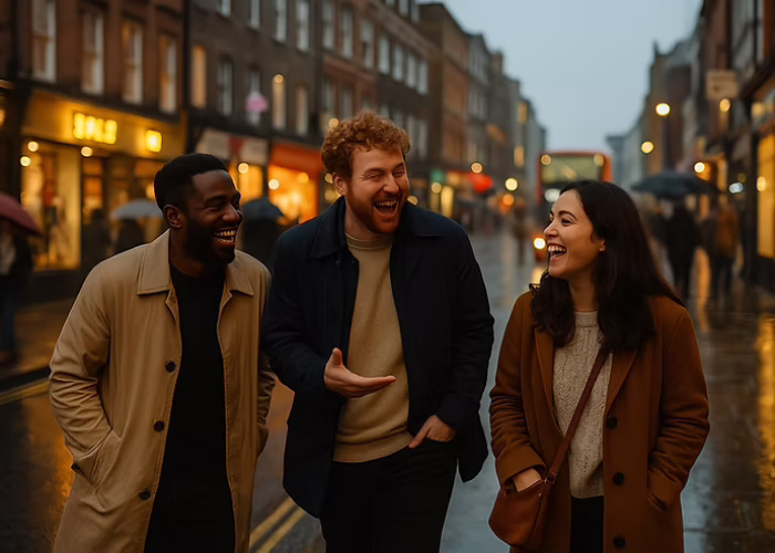 Three people laugh and walk on a rainy city street with glowing shop lights. They wear coats and seem joyful, with umbrellas in the background.