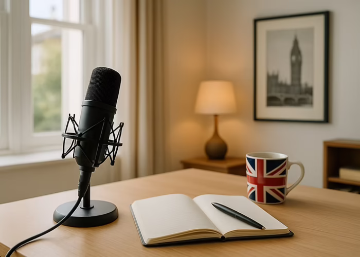 Microphone, open notebook with pen, Union Jack mug on wooden table near window. Warm lamp and Big Ben photo in background. Cozy setting.